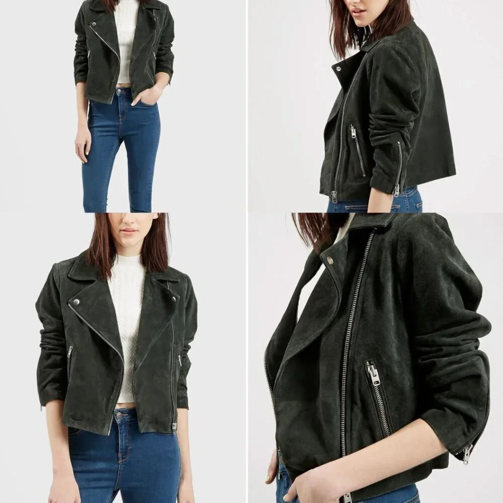 TOPSHOP Suede Caddy Moto Jacket Dark Green Size US 2 - Picture 2 of 11
